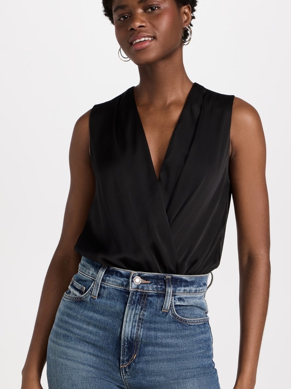Favorite Daughter Black Sleeveless Wrap-Front Bodysuit